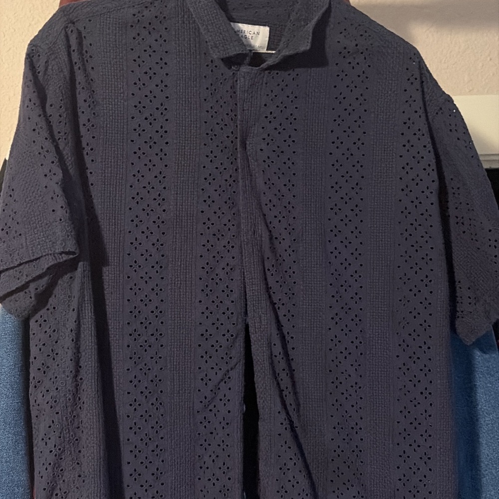 American Eagle Outfitters Navy Eyelet Button-Up Shirt